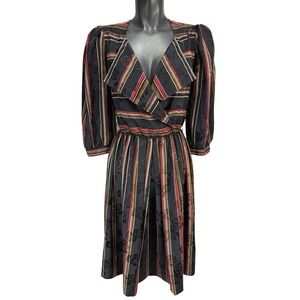 DONNA MORGAN For Non Stop VTG Striped‎ Black Red Gold Floral Midi Dress Size M